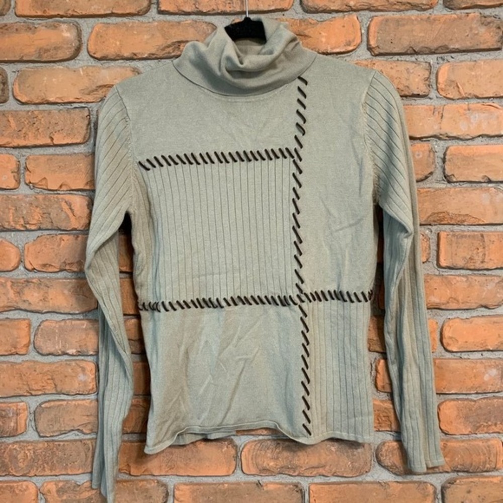 Y2K Sydney Easton Turtleneck Top Womens Medium Beige Ribbed Knit Long Sleeve‎